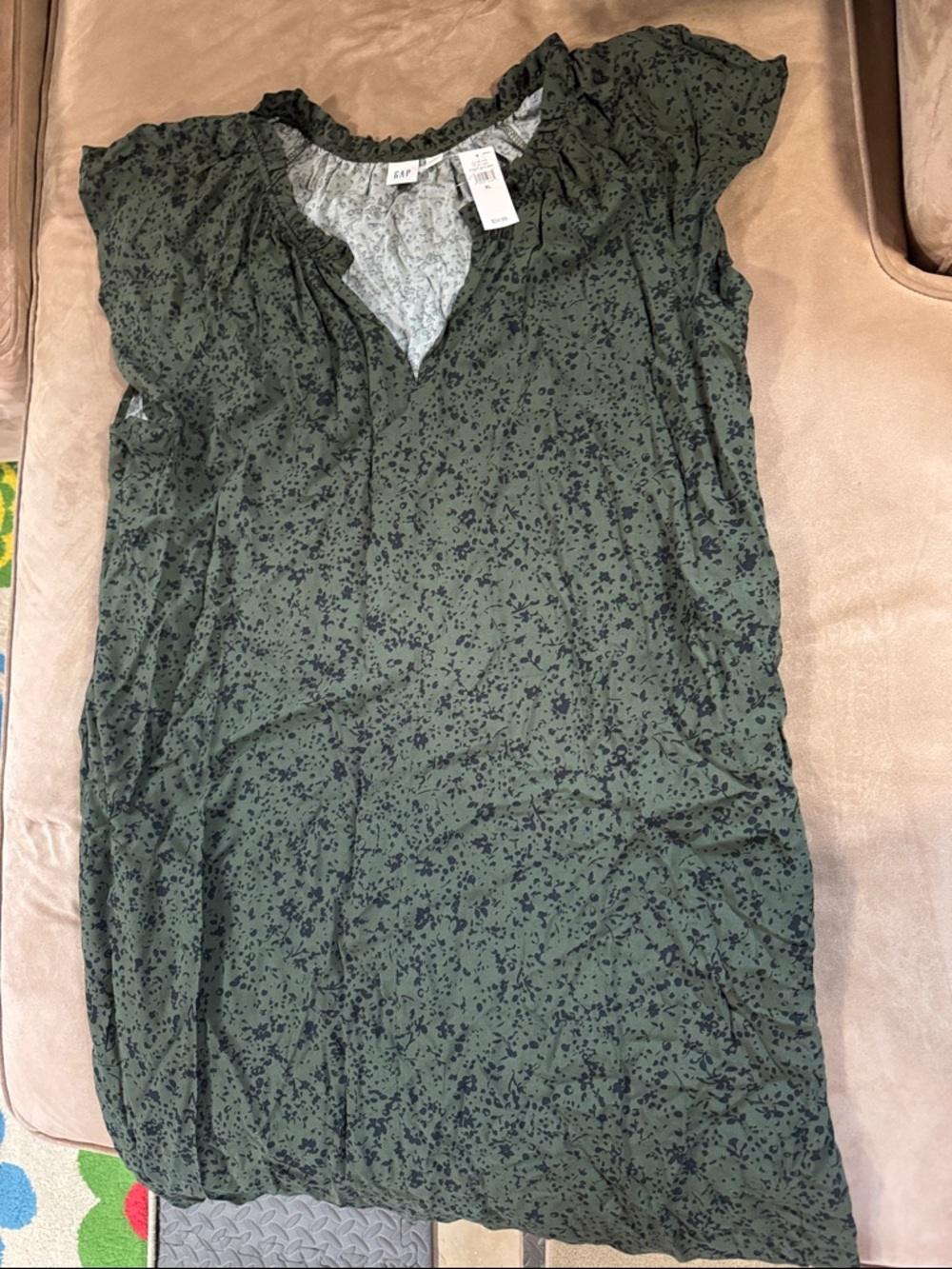 NEW GAP Flutter Sleeve Splitneck Mini Dress Olive Floral Pockets XL